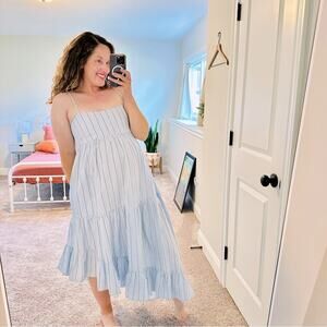 Frame Blue Striped Cotton Hemp Asymmetric Maxi Dress Small